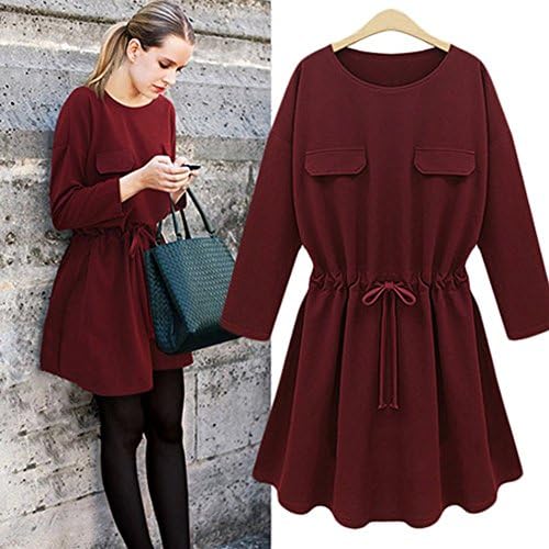 YZ19 Women's 2015 autumn long-sleeved dress drawstring (M, RED)