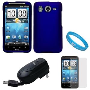 Blue Durable Protective Rubberized Crystal Hard Case Cover for AT&T Wireless New HTC Inspire 4G Android Smart Phone + Clear Screen Protector + Black Retractable Travel Wall Charger with IC Chip + SumacLife TM Wisdom Courage Wristband