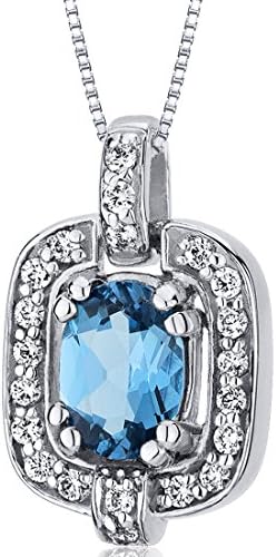Peora Swiss Blue Topaz Pendant Necklace in Sterling Silver, Vintage Halo Solitaire, Oval Shape, 7x5mm, 1.00 Carat total, with 18 inch Chain
