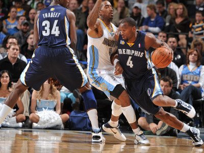 Memphis Grizzlies v Denver Nuggets: Sam Young and J.R. Smith Photographic Poster Print by Garrett Ellwood, 18x24