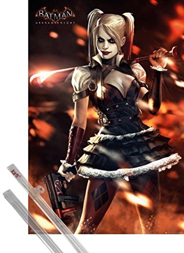 Poster + Hanger: Batman Poster (36x24 inches) Arkham Knight, Harley Quinn and 1 set of 1art1® Poster Hangers