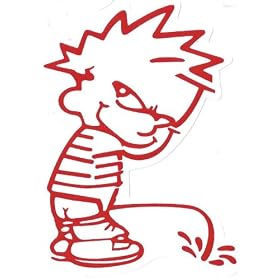 Calvin Vinyl Sticker, Red Outline on White