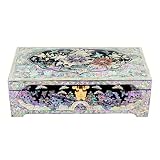 Mother of Pearl Girls Asian Lacquer Wooden Jewelry Trinket Keepsake Treasure Gift Jewel Ring Box Case Holder Organizer with Peony Design thumbnail