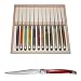 Authentic French LAGUIOLE Dubost - 12 STEAK KNIVES set - blade: SERRATED + 2.5 mm thick: perfect as steakknife! - MULTI RAINBOW colors (PURPLE - ORANGE - MINT GREEN - YELLOW - BLUE - RED - CARAMEL - OLIVE - BROWN - PEARL - MASTIC - COPPER) - in HEAVIER 25/10 stainless steel - genuine original quality family dinner table colour steak cutlery/flatware setting - with CERTIFICATE of AUTHENTICITY - dishwasher safe! - gift wrap available - direct from FRANCE