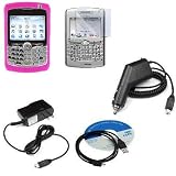 Durable Silicone Skin Soft Hot Pink Case + Rapid Car Charger + Home Travel Charger + USB Data Cable + Lcd Screen Protector for Blackberry 8300 8310 8320 8330 Curve Cell Phone PDA
