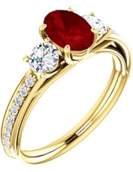 10K Yellow Gold 7.00x5.00mm Oval Cut Ruby and Diamond Three-Stone Ring -- LIFETIME WARRANTY