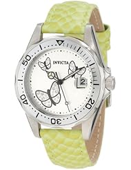 Invicta Womens 12516 Pro-Diver Silver Dial Crystal Accented Butterflies Light Green Leather Watch