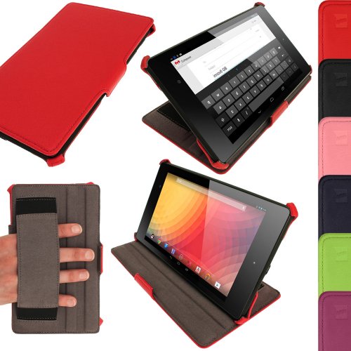 igadgitz Rouge Étui Housse Case Cover PU pour Nouveau Google Nexus 7 FHD Android Tablette 16GB 32GB 4G LTE 2ème Génération Modèle 2013 (Sortie en Août 2013). Fonction de Mise en Veille, Courroie de Main + Protecteur d'écran.