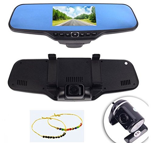 NT96650 HD 4.3'' Dual Lens Camera Car Video DVR Dash Cam Rearview Mirror + Bluekysea Free Gift Happiness Grass Ring Bracelets