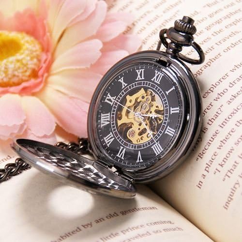New Watch Classic Black Smooth Skeleton Windup Mechanical Vintage Chain Mens Pocket Watch
