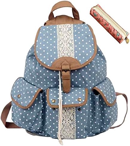 Flower Printed Lace Pink Pencil Pen Case Bag Holder with Causal Style Lightweight Polka Dots Canvas Shoulder Bag School Backpack Travel Bag Handbag Blue