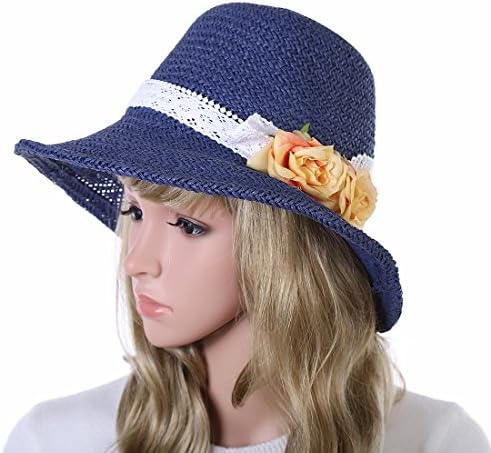 TengYun Women's Solid Color Slanted Brim Flower Fedora Cloche Straw Sun Hats Navy Blue