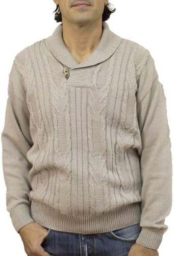 Tosani Men's Shawl Collar Pullover. Long Sleeves, in Light Beige. 100% Cotton.