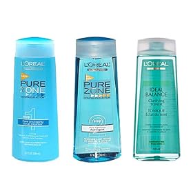 Loreal Pure Zone Step 1 Pore Unclogging Scrub Cleanser 6.7 oz. PLUS Step 2 Pore Tightening Astringent 6.7 oz. PLUS Ideal Balance Pore Clarifying Toner for Combination Skin 6.7 oz.