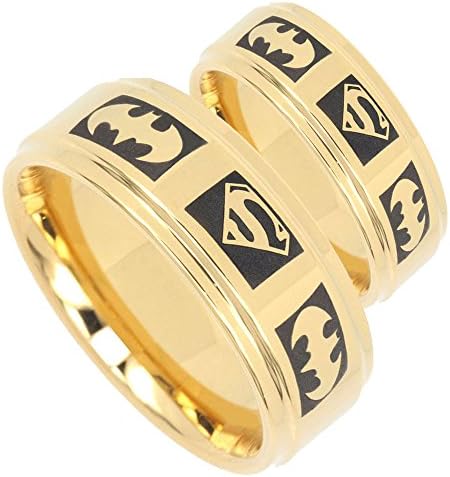 Batman & Superman Tungsten Positive Engraved Gold IP Step Edges 2 pcs Ring Set Size 6, 11