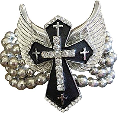 Black Cross Glitz Angel Wing Bracelet Silver Tone 4 Row Beaded Stretch Rhinestone