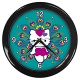 Black Wall Clock of Hello Kitty with Peacock Feathers