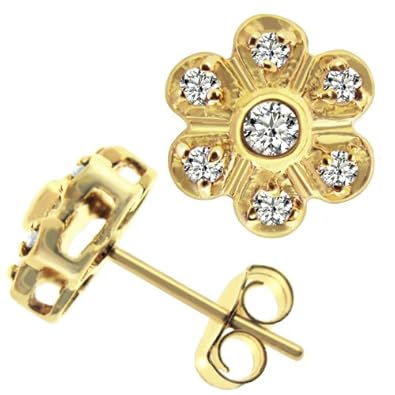 Cheap Girls Jewelry 14k Yellow Gold Diamond Children Flower Earrings (0.22Cttw, SI Clarity, H Color) For Sale
