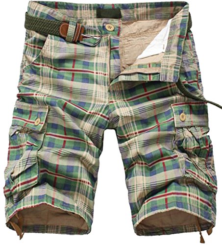 XQS Mens Newest Cotton Multi-Pocket Plaid Cargo Shorts No Belt