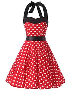 Ensnovo Womens 1950s Vintage Polka Dot Halter Rockabilly Swing Dress With Sash Belt Red, M