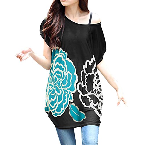 Allegra K アレグラK レディースチュニックシャツ　ブラウス　ワンピース　バットスリーブ 花柄　ストレッチ　ラウンドネック