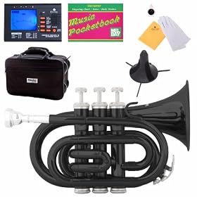 Mendini MPT-BK Black Lacquered B Flat Pocket Trumpet w/ Case, Stand, Pocketbook, & Chromatic Tuner with Metronome