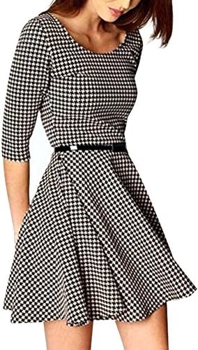 Women Fashion Crew Neck Three Quarter Sleeve Plaid Dresses(With Belt)