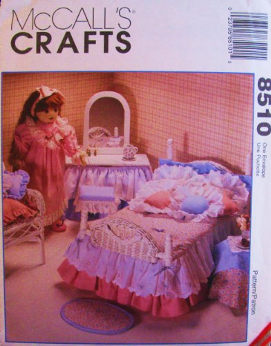 McCALL'S Crafts 8510 [RETIRED] / Doll Bedroom Quilt, Coverlet, Dust Ruffle, Pillows, Chair Cushion, Throw Rug & Table Cover PATTERN / 18 INCH DOLL