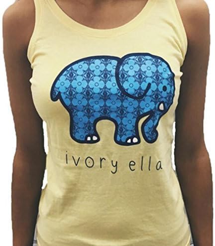 CollTIE Women Lovely Sleeveless Crew Neck Cotton Shirt Elephant Print Pocket Top Yellow Small