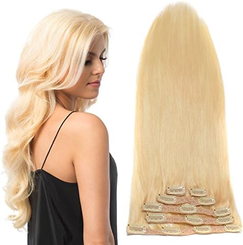 16"-18" Clip in Hair Extensions Real Human Hair Double Weft Thick to Ends Bleach Blonde(#613) 6pieces 70grams/2.45oz
