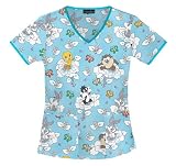 Cherokee Tooniforms Baby Blossoms with Tweety, Taz, Sylvester and Bugs Bunny V-neck Scrub Top (XL)