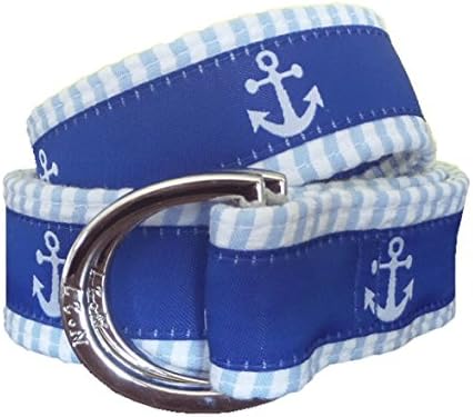 No27 Men's White Anchor on Royal Blue Seersucker D-Ring Belt, White and Royal Blue Anchor Ribbon on Blueseersucker with Heavy D-Ring Styles
