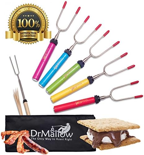 New 2016 Fire Pit Non Toxic Extra Strong Roasting Sticks 6 Telescoping Stainless Steel Marshmallow 12 Bamboo Skewers Hot Dog Fork 34 inch Patio Camping Cookware for Kids Adults Wooden Sticks