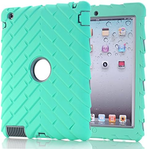 iPad 2/3/4 Case, Xiangtian Silicone Rugged Shock Absorbing Dual Layer Protective Case for iPad 2, iPad 3, iPad 4, Antiskid Tyre Pattern Gumdrop Cover (Mint Green+Gray)