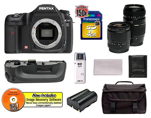 Pentax K10D Digital SLR Camera Body + Tamron 28-80mm AF Lens + Tamron 70-300mm Di AF Lens + Pentax D-BG2 Battery Grip + 4GB Memory Card + Lithium-Ion Spare Replacement Battery + Deluxe Gadget Bag