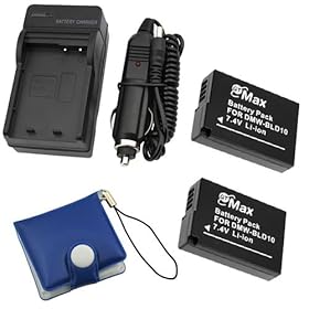 GTMax Replacement 2x DMW-BLD10 Lithium-Ion Battery + Travel AC Charger with Car Adapter for Panasonic DMC-GF2K, DMC-GF2C, G3 Digital Cameras (Free Gift Blue Memory Card Case Included)