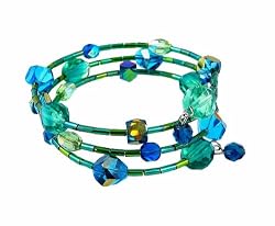 Bracelet - B137 - Glass, Firepolished Glass and Bugle Beads Wrap Around with Dangly Ends - Round and Oval Beads ~ Teal, Blue and Green AB (Irridescent)