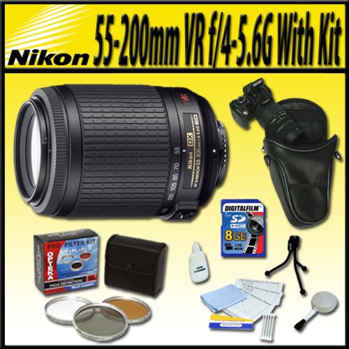 Nikon AF-S DX VR 55-200mm f/4-5.6G IF-ED AF-S DX VR Zoom Lens with Long Zoom Holster, Opteka Filter kit, 8GB SD High Speed Memory Card and more for D90, D80, D70, D60, D50, D40, D40x, D5000, D3000, D3100