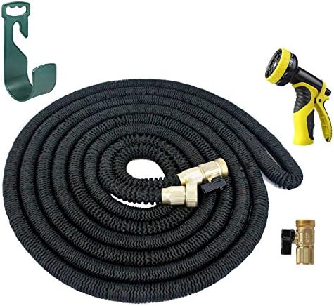 HELEN 50FT Expanding Heavy Duty Expandable Strongest Garden Water Hose Triple Latex Core with Shut Off Valve Solid Brass Connector and 9-Patter Spray Nozzle, 2016 Improved Version (Black)