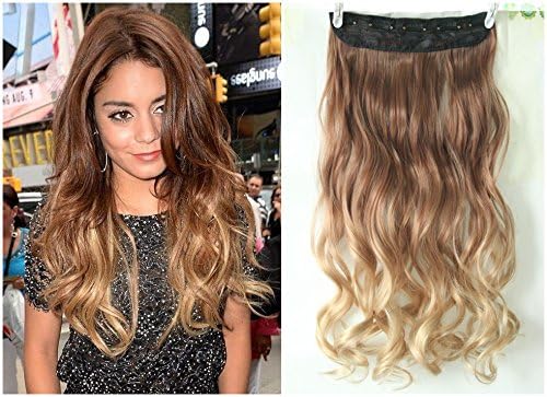 Dip Dye Clip in on Ombre Hair Extensions Synthetic Straight Curly Wavy Xmas Gift (1-light brown to sandy blonde)