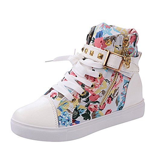 PerfectAZ Womens Fashion Comfort Lace-up Mid Top Buckle Zipper Skull Flats Running Sports Canvas Sneakers