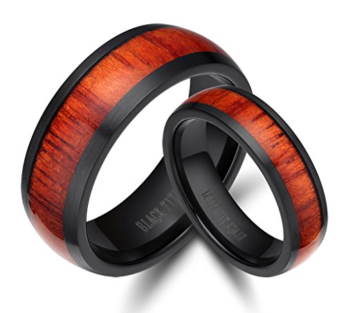 6mm/8mm Men's Women Not Fade Zirconium Black Titanium Ring with Mahogany Wood Inlay Comfort Fit Wedding Band