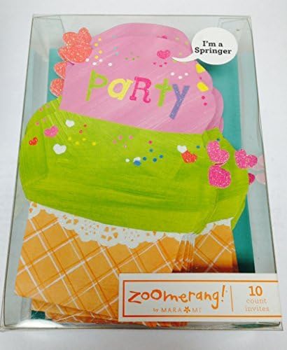 Zoomerang! Box of 10 Party Invitations - Ice Cream Cone Springer with Coordinating Envelopes