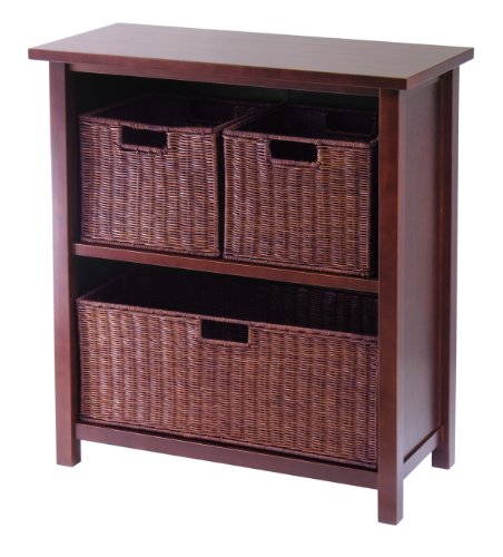 Winsome Wood Milan Wood 3 Tier Open Cabinet in Antique Walnut Finish and 3 Rattan Baskets in Espresso Finish