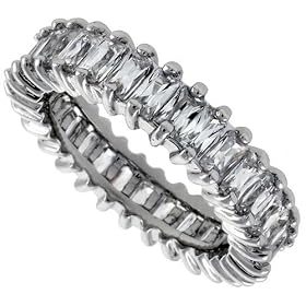 Sterling Silver Eternity Ring, Rhodium Plated w/ 4×2mm Emerald Cut High Quality CZ Stones, 3/16″ (5mm) wide