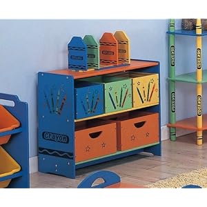 Children Multi Color Crayon Style Wooden Shelf with 5 boxes by