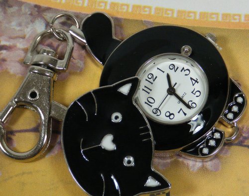 Cat Watch w / Keychain Clip Pocket Watch Black