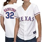 MLB Women's Texas Rangers Josh Hamilton White Home Short Sleeve 5 Button Synthetic Replica Baseball Jersey by Majestic