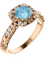 14K Rose Gold 6.00mm Round Cut Aquamarine and Diamond Ring -- LIFETIME WARRANTY