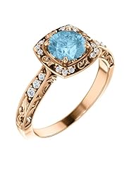18K Rose Gold 6.00mm Round Cut Aquamarine and Diamond Ring -- LIFETIME WARRANTY